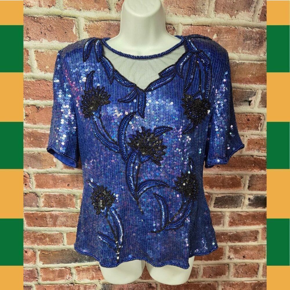 Vintage 80s Stenay Beaded Silk Top Medium Blue Mesh Neck Sequin‎ Floral